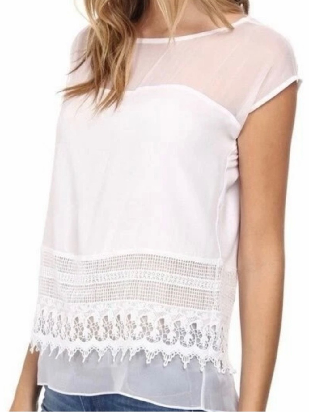 Bailey 44 Cream Sheer Yoke Blouse Top with Lace Crochet Hem Size Medium